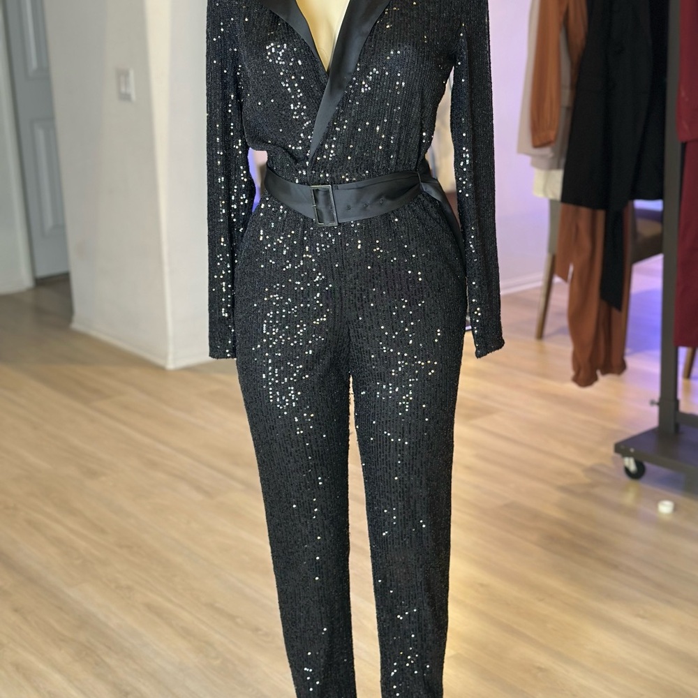 INC International Concepts Black Sequin Jumpsuit with Wrap Bodice